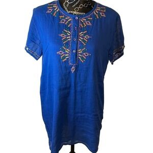 Embroidered Blue Tunic Top,‎ Boho Bohemian Style, Casual Short Sleeve Shirt